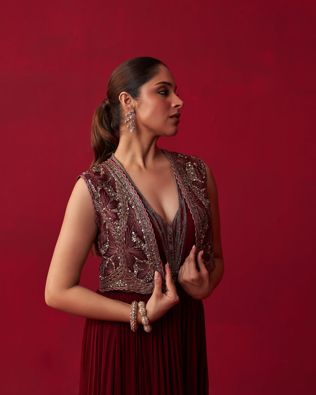 Maroon Glitch Gold Jacket Jumpsuit Set