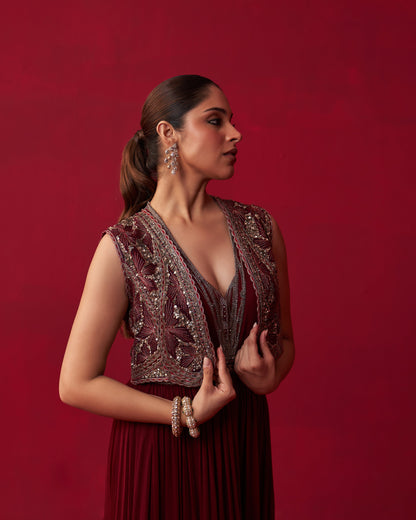 Maroon Glitch Gold Jacket Jumpsuit Set