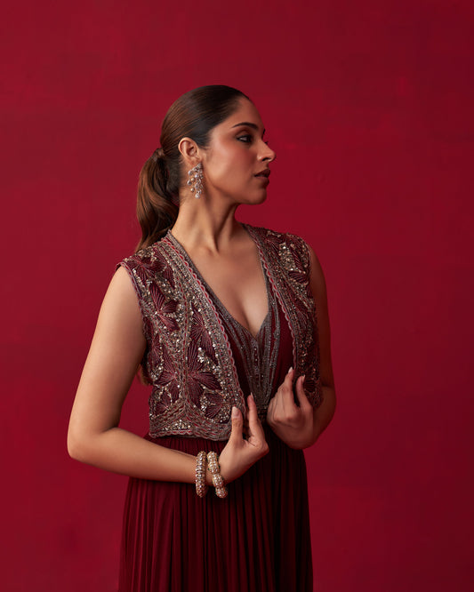 Maroon Glitch Gold Jacket Jumpsuit Set