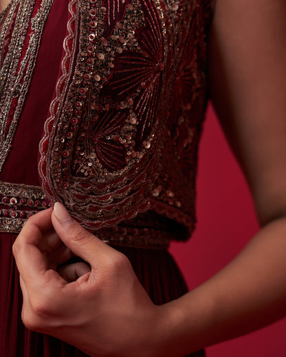 Maroon Glitch Gold Jacket Jumpsuit Set