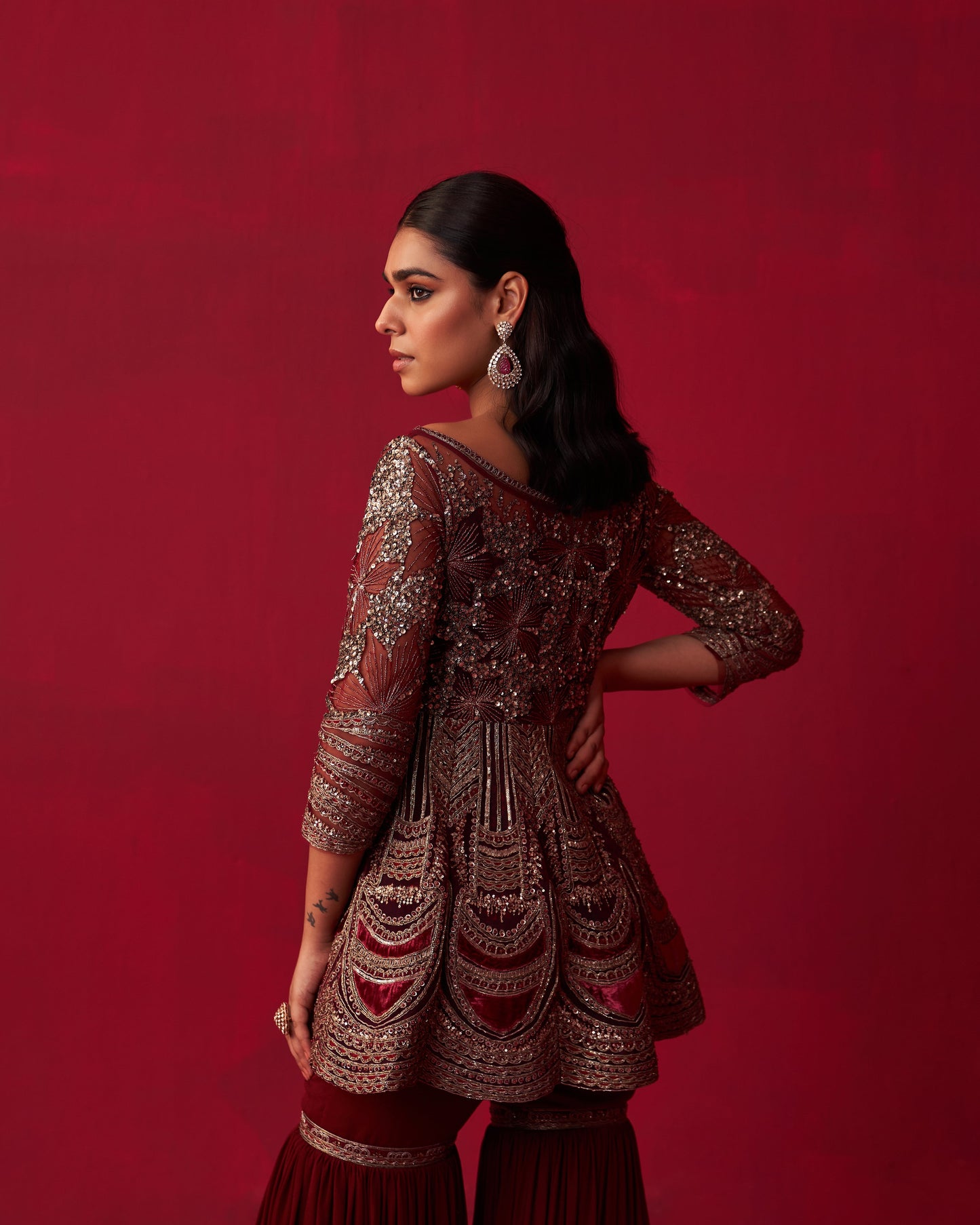 Maroon Glitch Gold Peplum Top Sharara Set