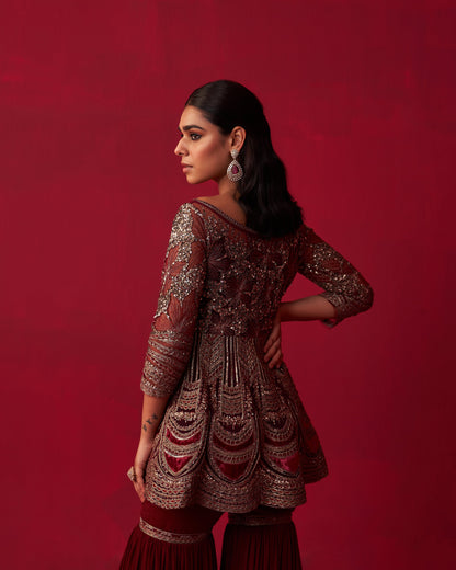 Maroon Glitch Gold Peplum Top Sharara Set