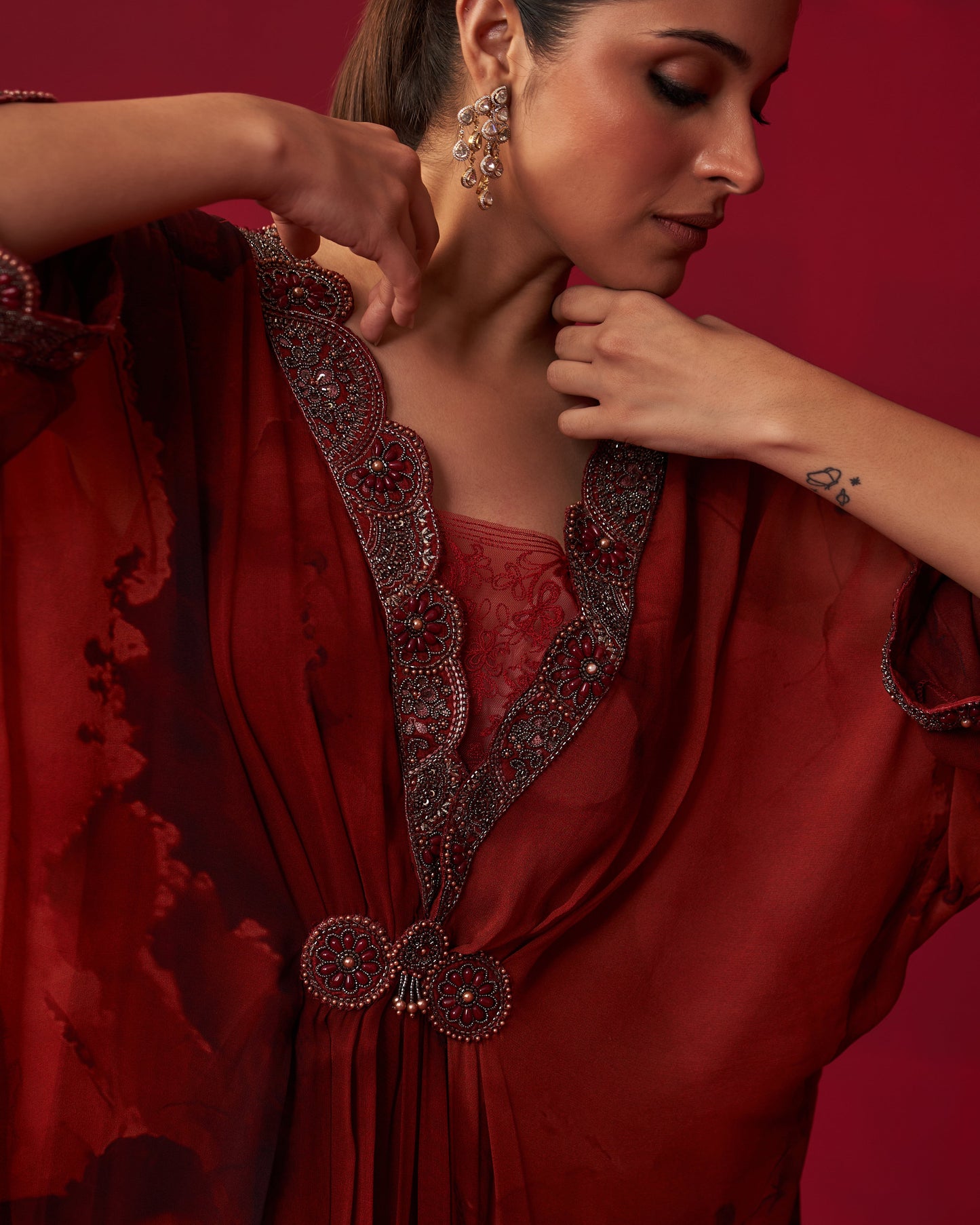 Red Marble Print Draped Kaftan
