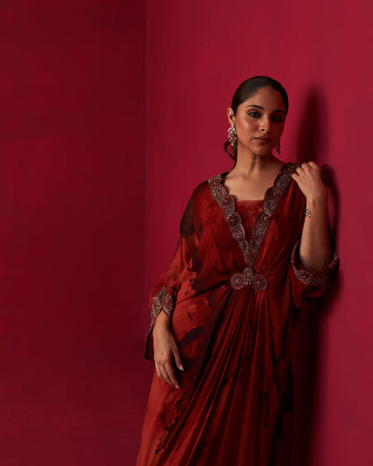 Red Marble Print Dewdrop Draped Kaftan