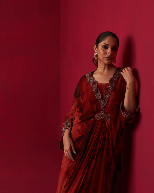 Red Marble Print Dewdrop Draped Kaftan