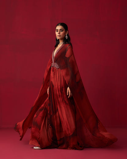 Red Marble Print Dewdrop Draped Kaftan