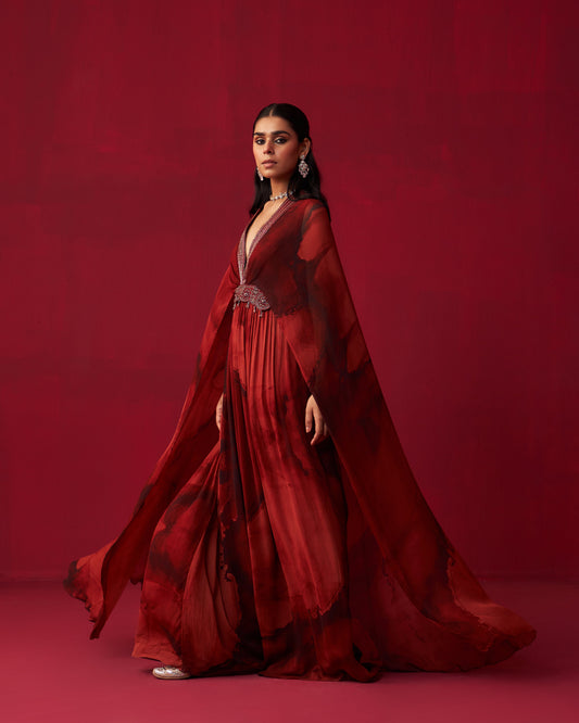 Red Marble Print Draped Kaftan