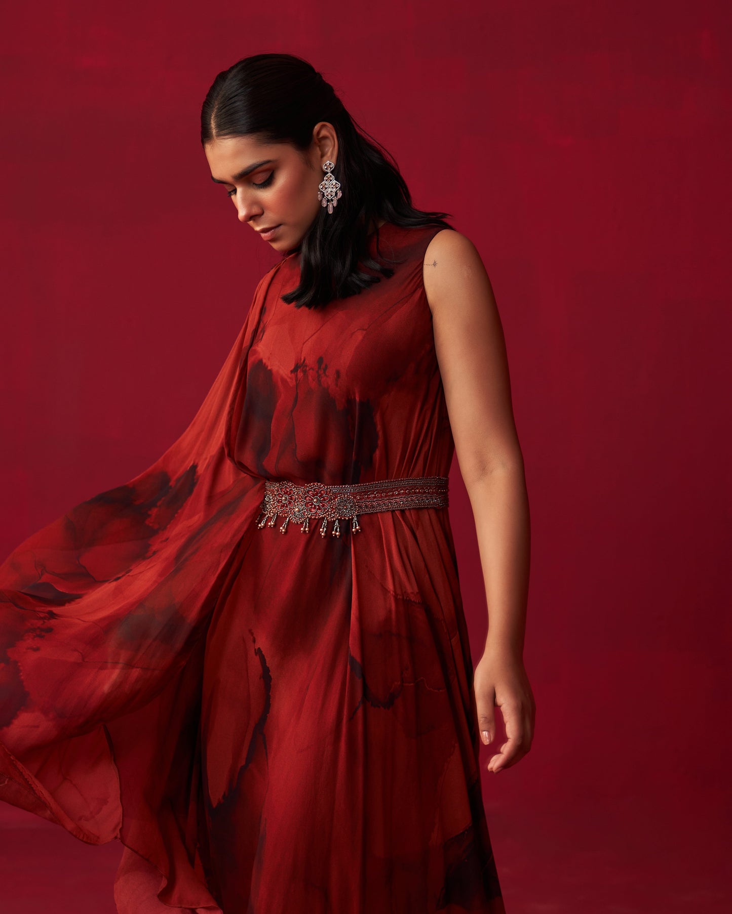 Red Marble Print Dewdrop Draped Kaftan