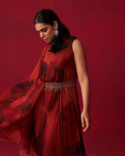 Red Marble Print Dewdrop Draped Kaftan