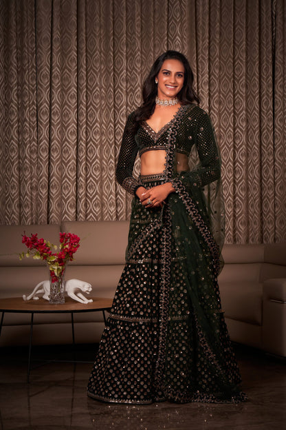 PV SINDHU In Deep Green Floral Lehenga Set