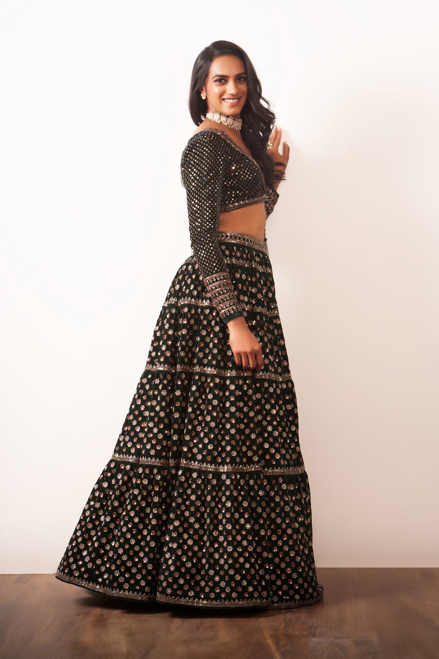 PV SINDHU In Deep Green Floral Lehenga Set