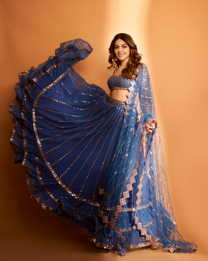 Linear Drop Dull Blue Lehenga Set (ALAYA F)