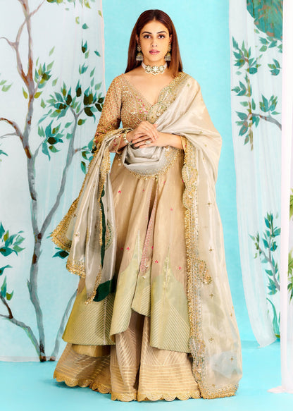 Genelia Deshmukh in our Pearl ivory silk Zari tissue jacket with sharara and Dupatta