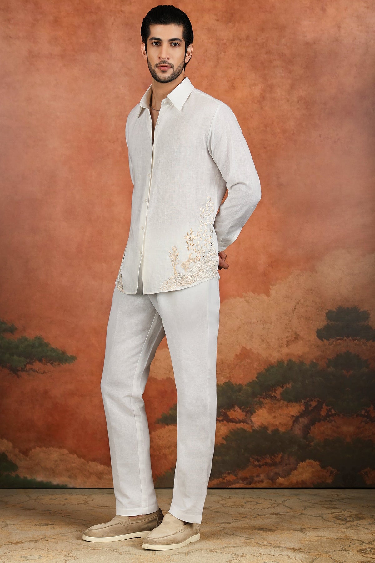 Off-White Linen Crane Hem Embroidered Shirt