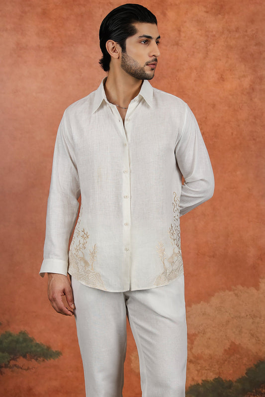 Off-White Linen Crane Hem Embroidered Shirt