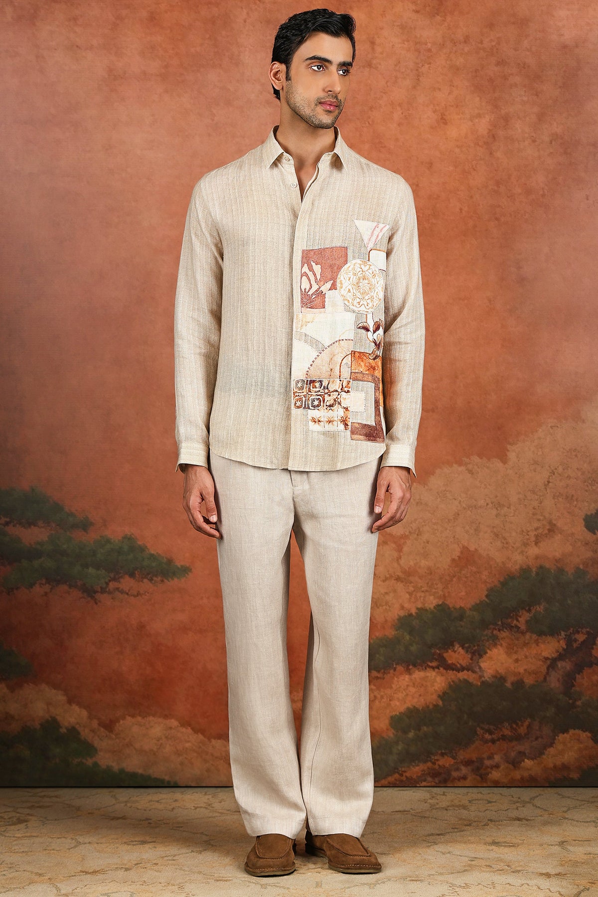 Beige Linen Patchwork Artwork Shirt