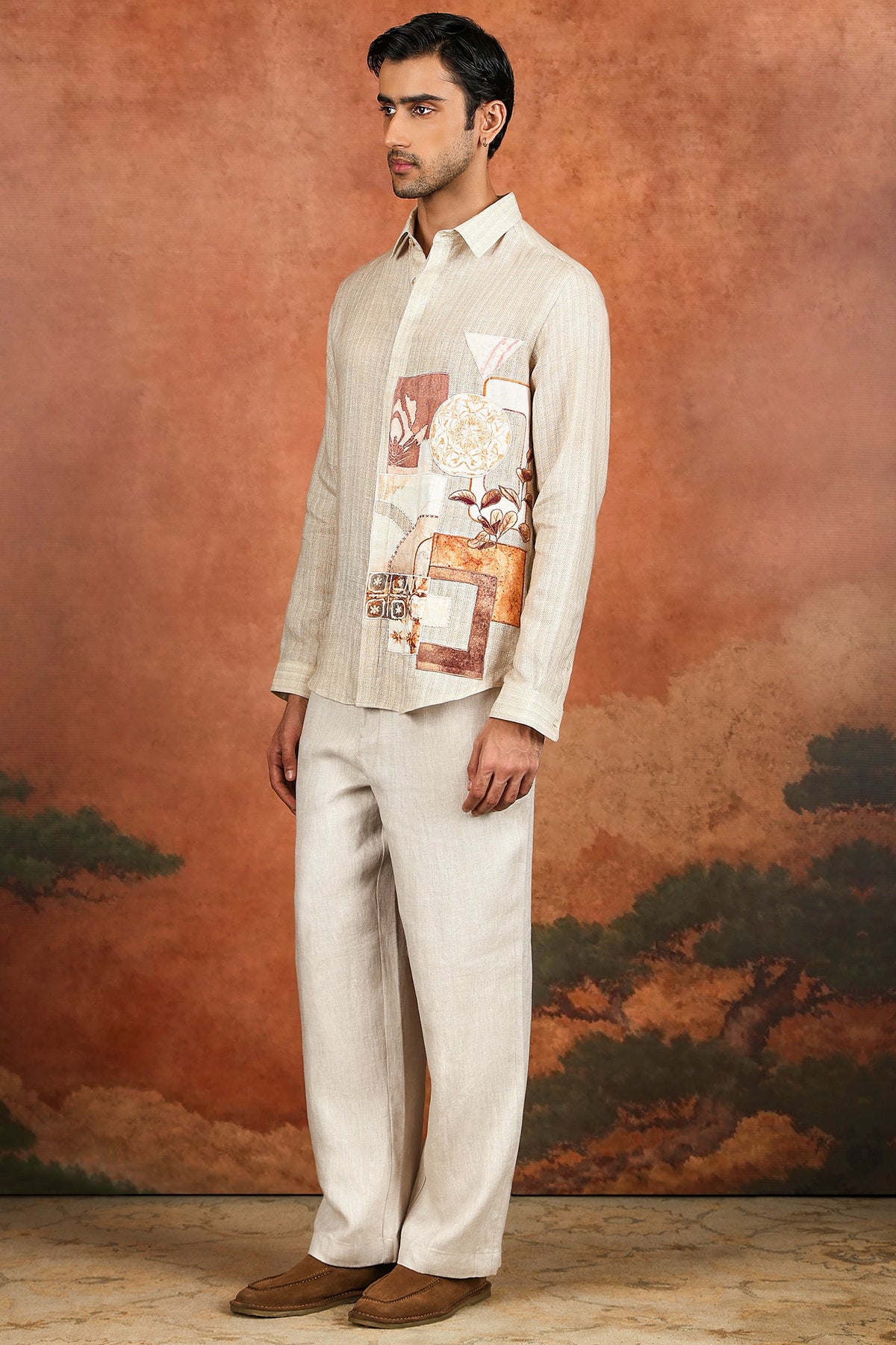 Beige Linen Patchwork Artwork Shirt