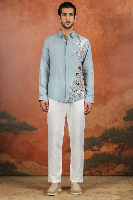 Light Blue Linen Botanical Embroidered Shirt