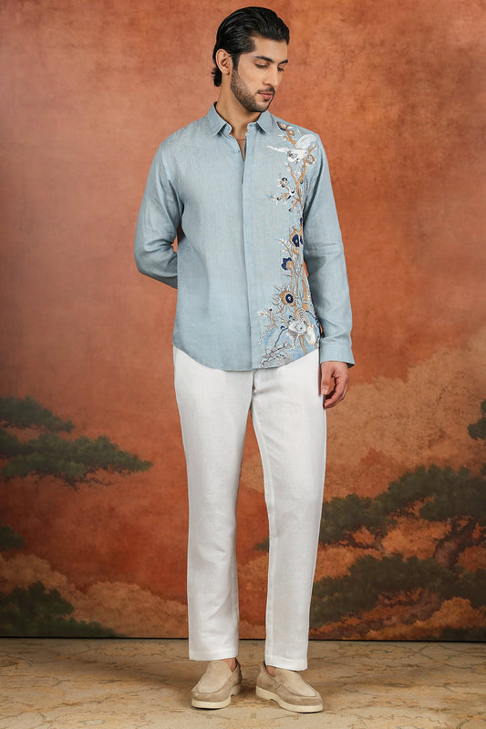 Light Blue Linen Botanical Embroidered Shirt