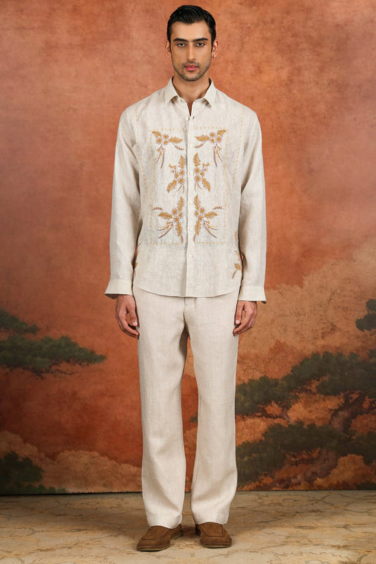 Off-White Linen Fern Embroidered Shirt