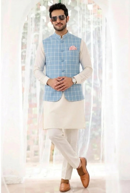 Sky Blue Windowpane Check Kurta Bundi Set