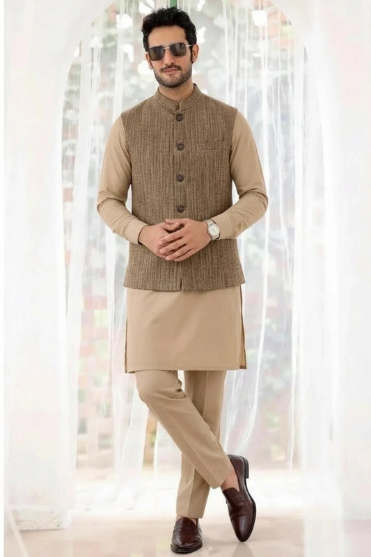 Olive-Brown Textured Kurta Bundi Set