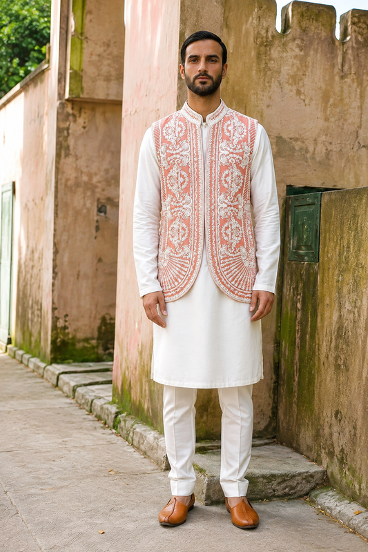 Rose Pink Embroidered Kurta Bundi Set