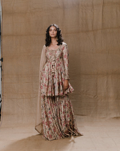 Vintage Printed Kurti And Sharara Set