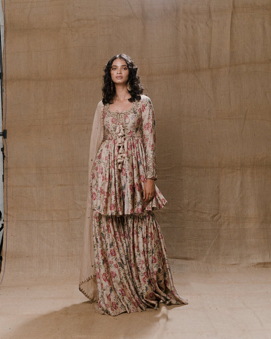Vintage Printed Kurti And Sharara Set