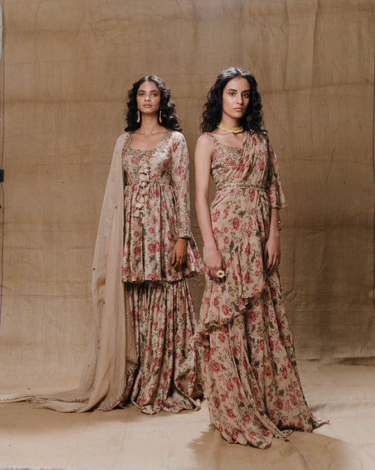 Vintage Printed Kurti And Sharara Set