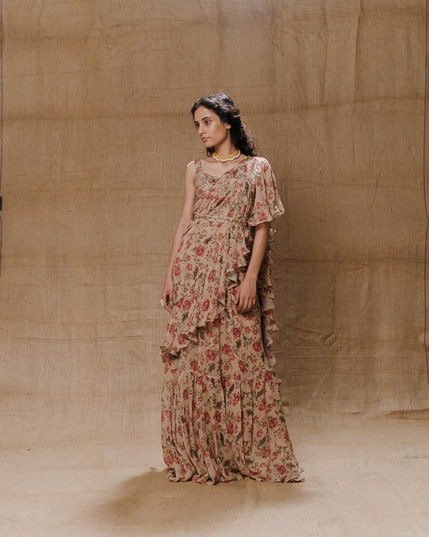 Vintage Printed Ruffle Saree Set