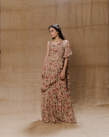 Vintage Printed Ruffle Saree Set