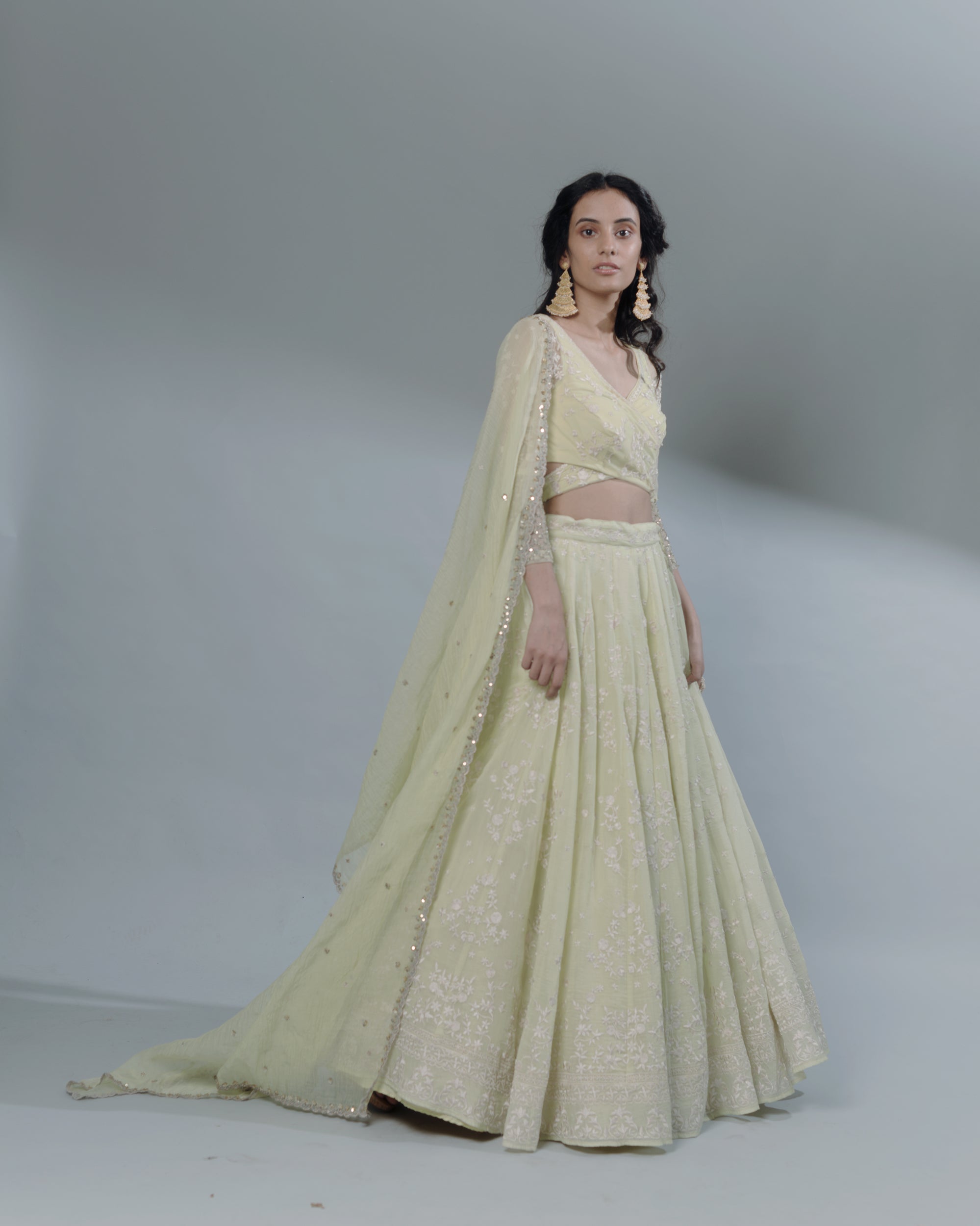Shop Pastel Green Thread Work Lehenga Set | Paaro Australia