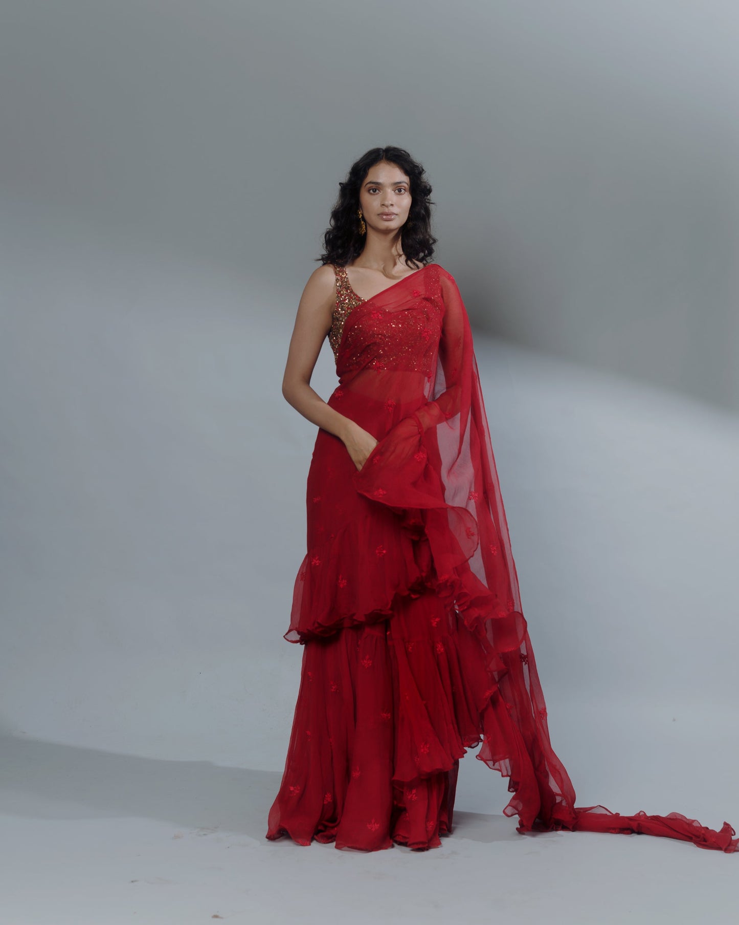 Red Thread Ruffle Saree With Embellished Blouse