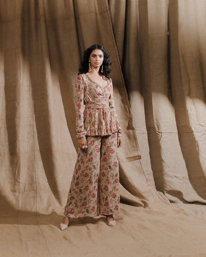 Women Beige Floral Printed Kurti With Straight Pant