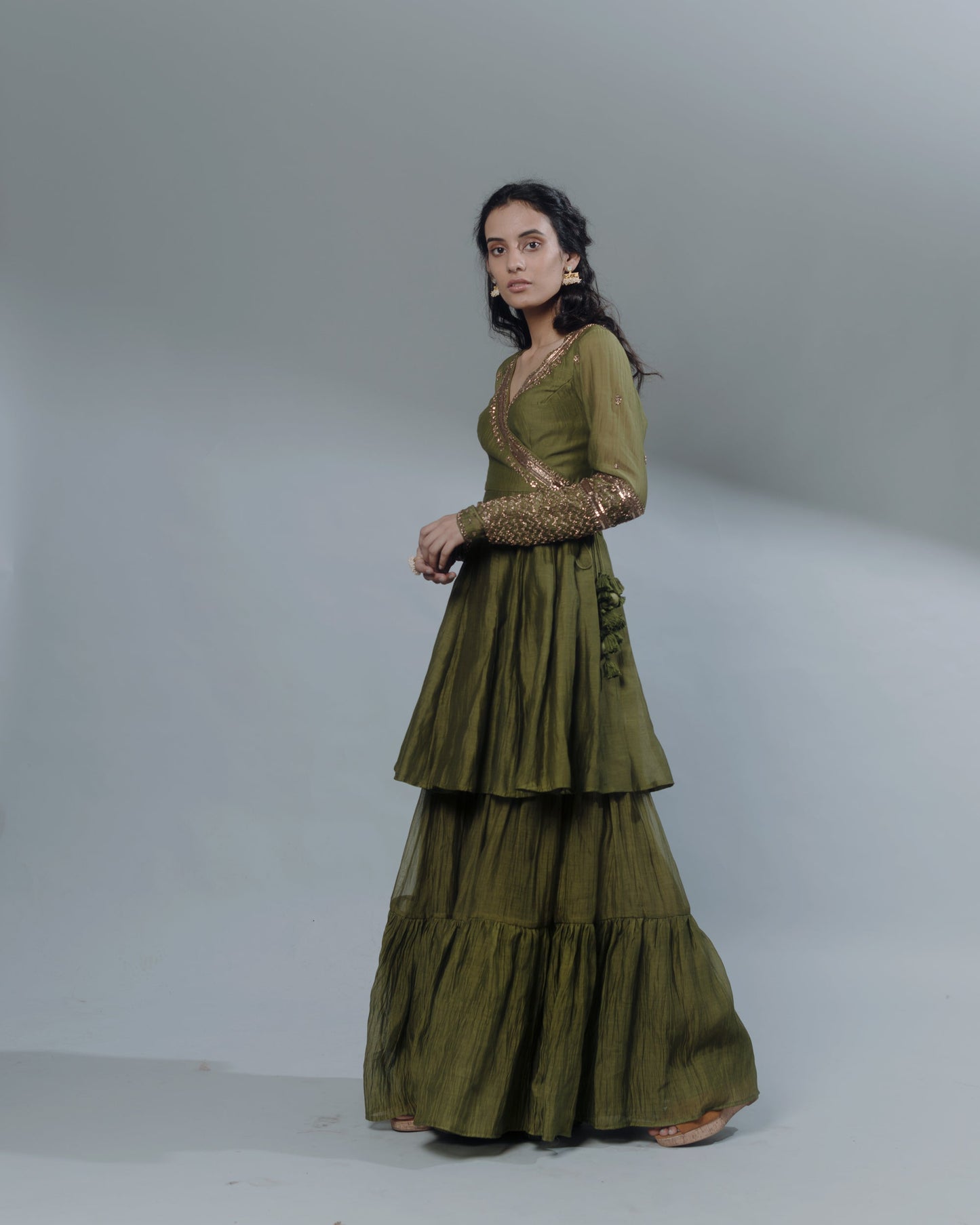 Mehendi Green Thread Peplum And Sharara Set
