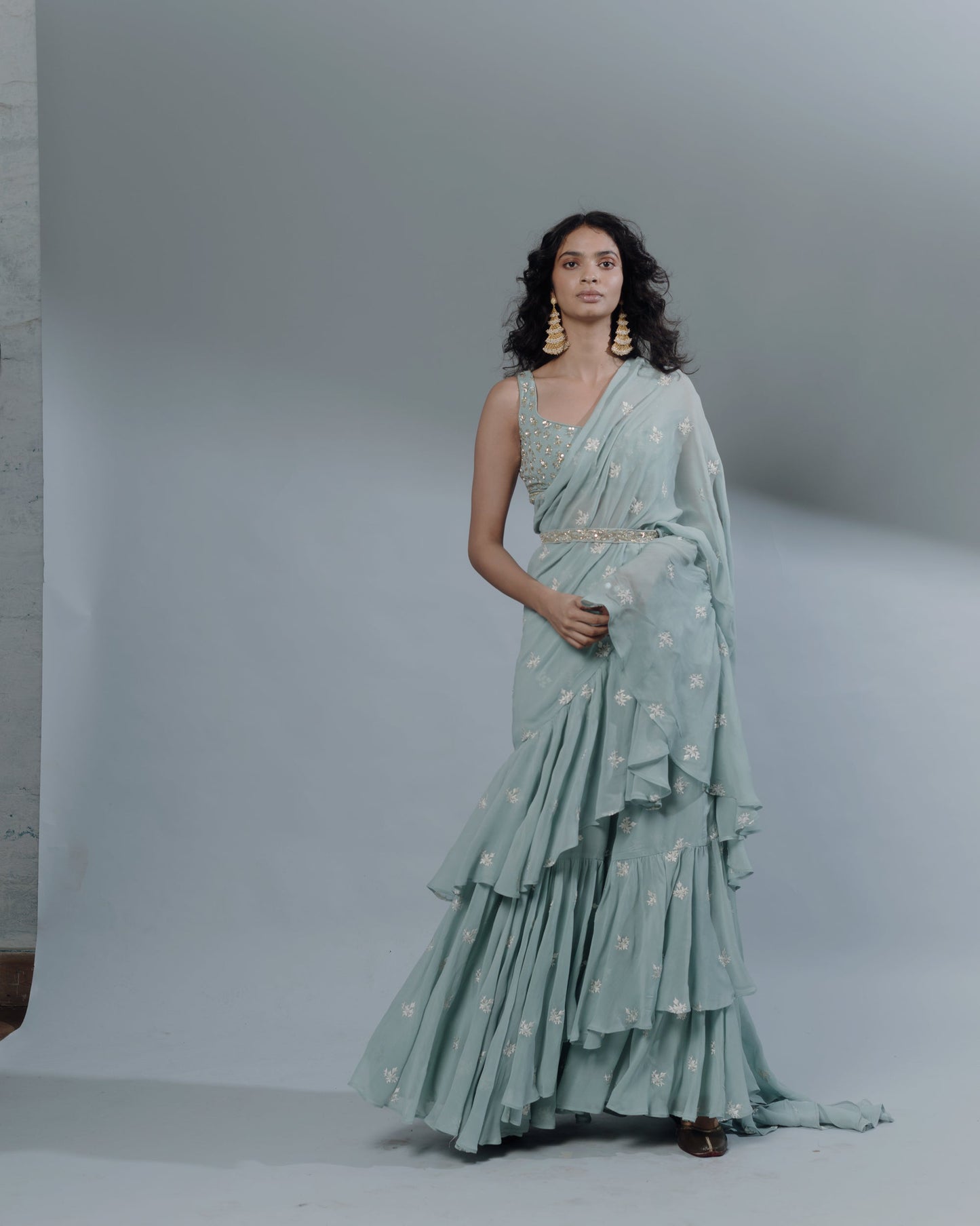 Sky Blue Bootie Ruffle Saree Set
