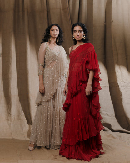 Red Thread Ruffle Saree With Embellished Blouse