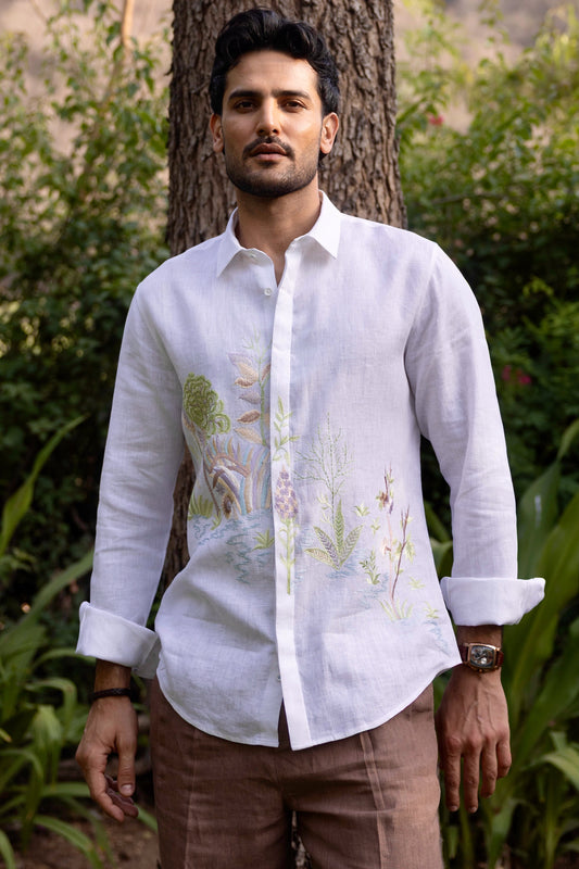 Verdant Realm Linen Embroidered Shirt