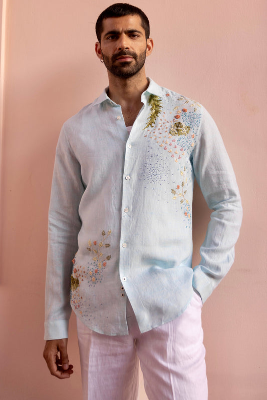 Seafoam Meadow Linen Embroidered Shirt