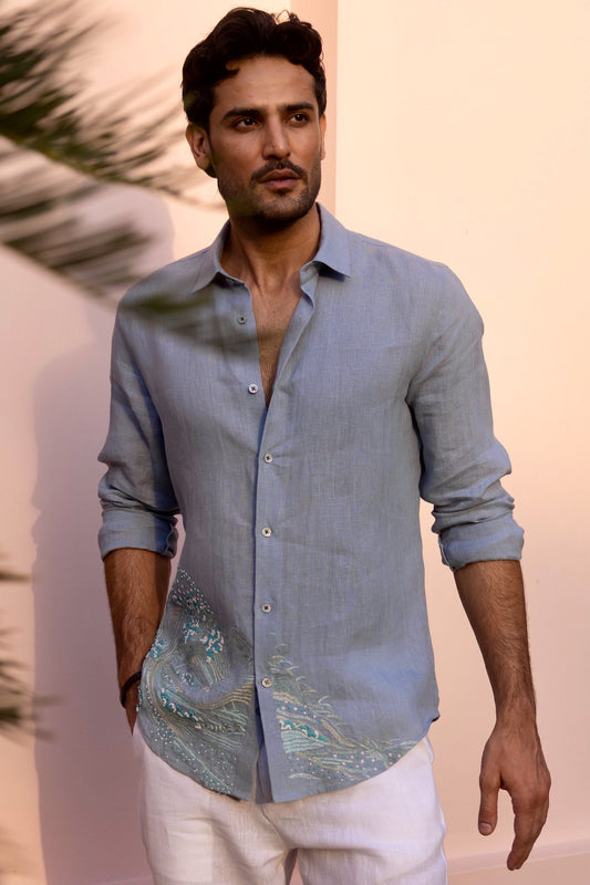 Tidal Drift Linen Embroidered Shirt