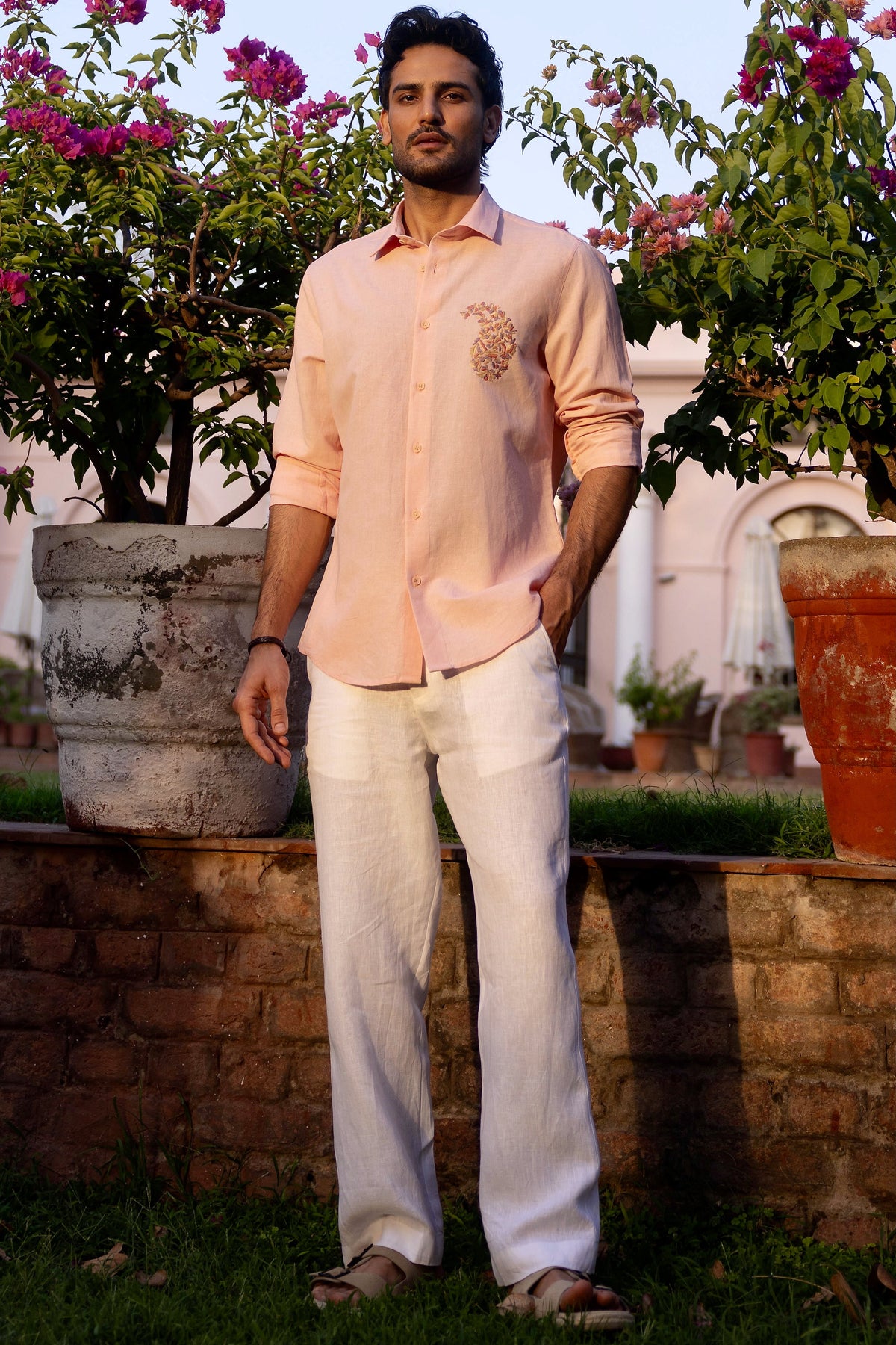 Blush Paisley Linen Embroidered Shirt