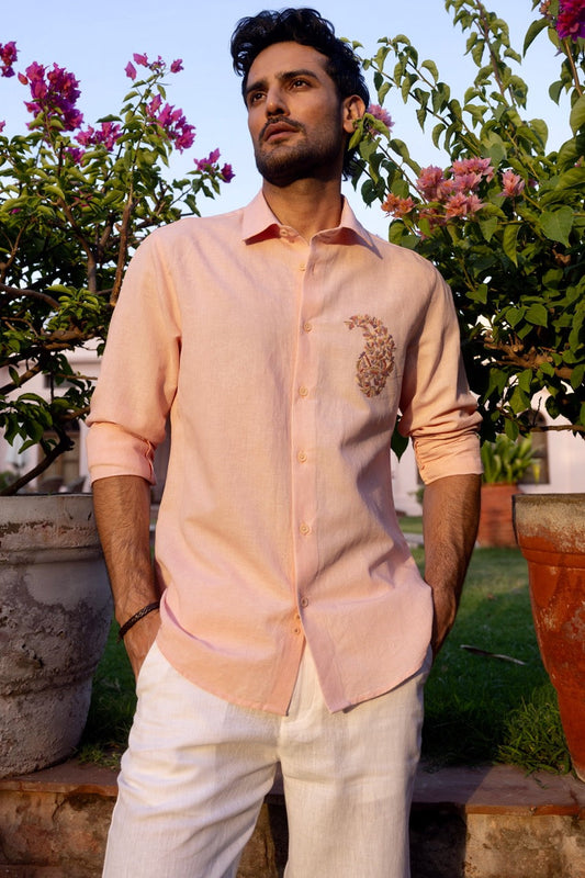 Blush Paisley Linen Embroidered Shirt