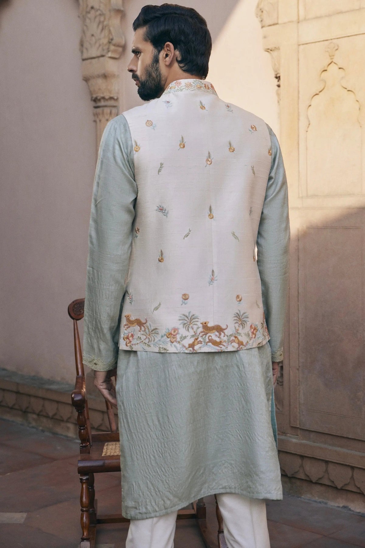 Green Silk Embroidered Bundi Set - Asuka Couture