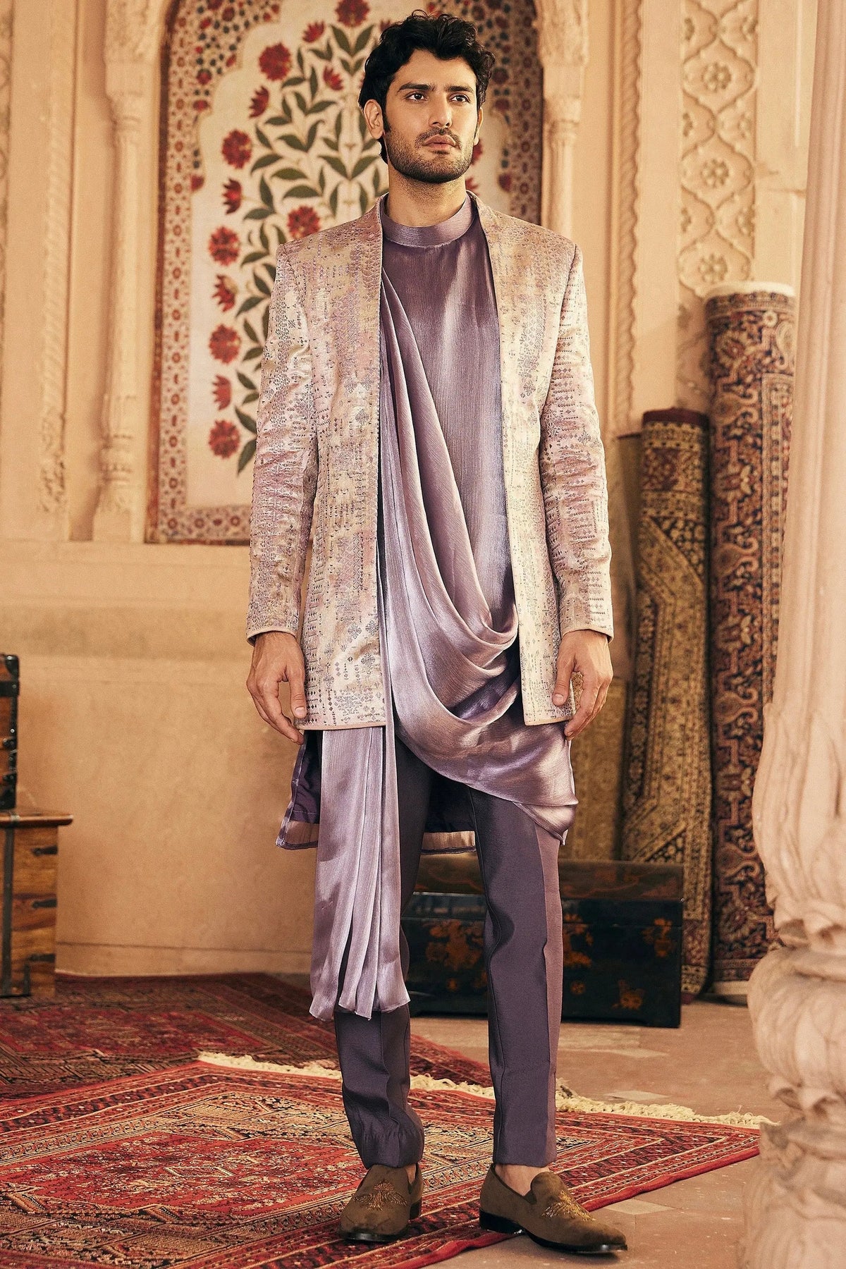 Purple Resham Embroidery Bandhgala with Draped Kurta - Asuka Couture