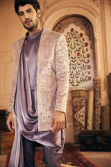 Purple Resham Embroidery Bandhgala with Draped Kurta - Asuka Couture