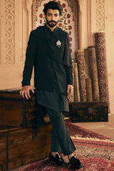 Asymmetric Allure: Indo-Inspired Ensemble with Gilded Brooch Accent - Asuka Couture