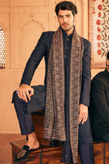 Classic Navy Blue Kashmiri Resham Embroidery Sherwani - Asuka Couture