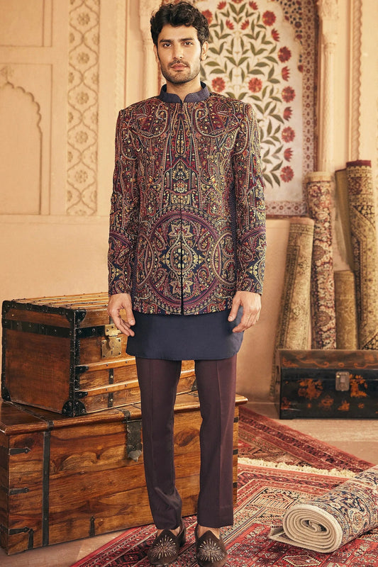 Navy Bandhgala with Multi Colored Embroidery - Asuka Couture