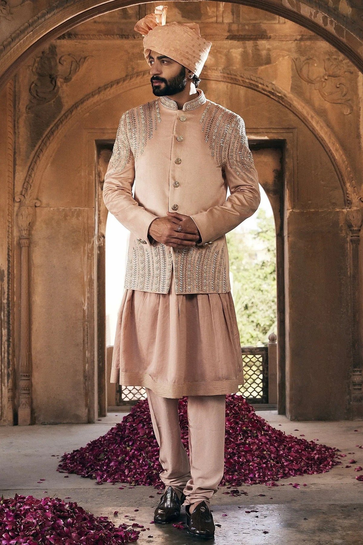 Beige Embroidered Bandhgala with Anarkali Kurta - Asuka Couture